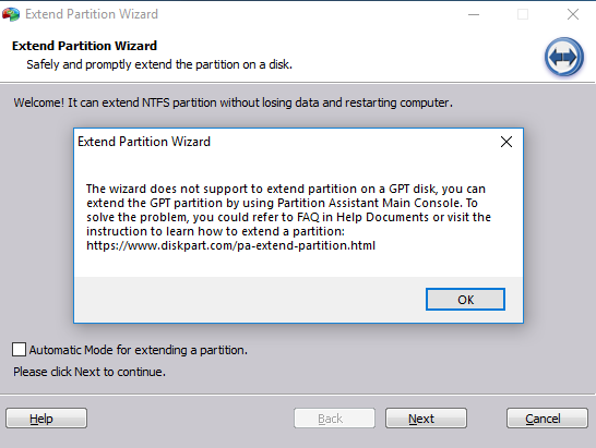 Extend Partition Wizard does not support to extend partition on a GPT Disk