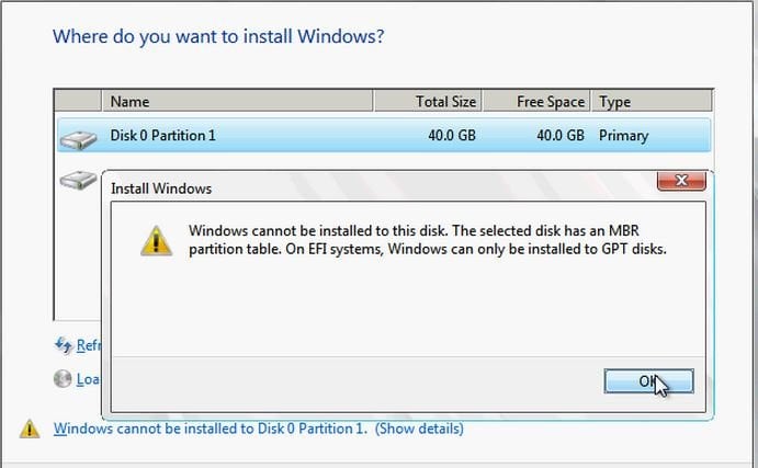 Windows cannot be installed on drive 0 partition 1