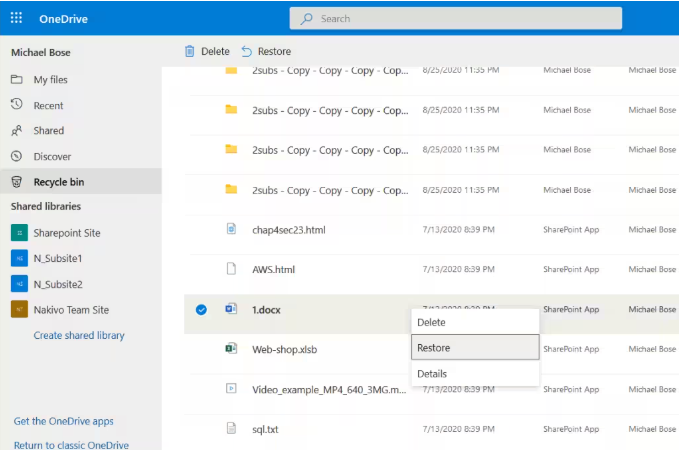 Restore a file from the OneDrive Recycle Bin