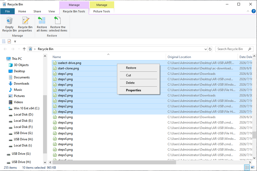 Restore a file from the Windows Recycle Bin