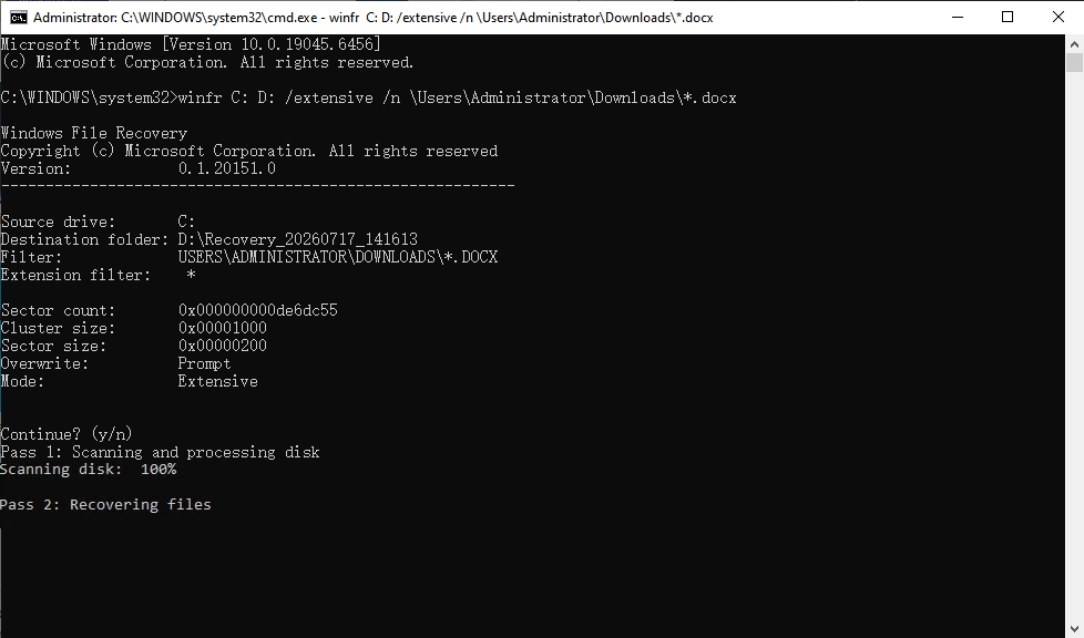 Windows File Recovery command line