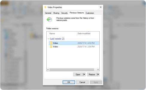 Previous Versions tab in Windows folder properties