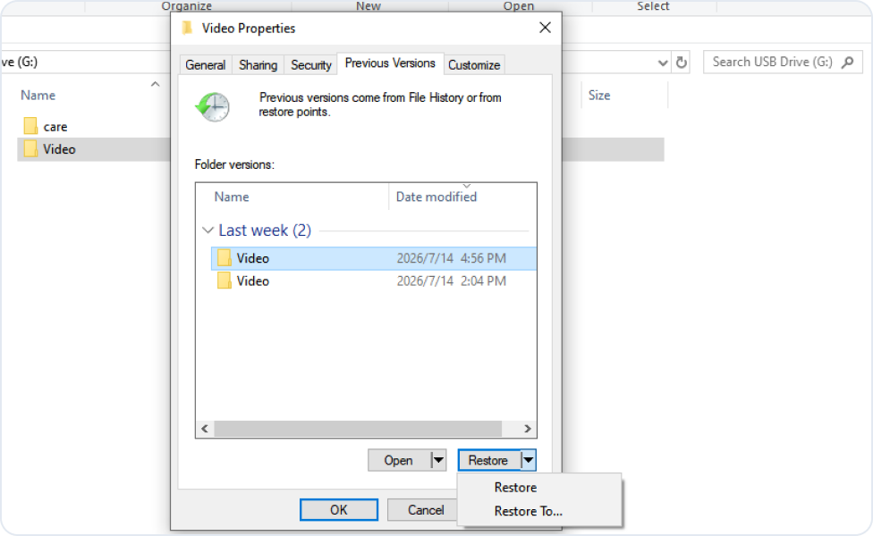 Windows Previous Versions restore steps