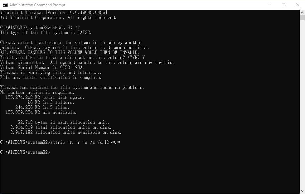 Command Prompt steps for unhiding USB files