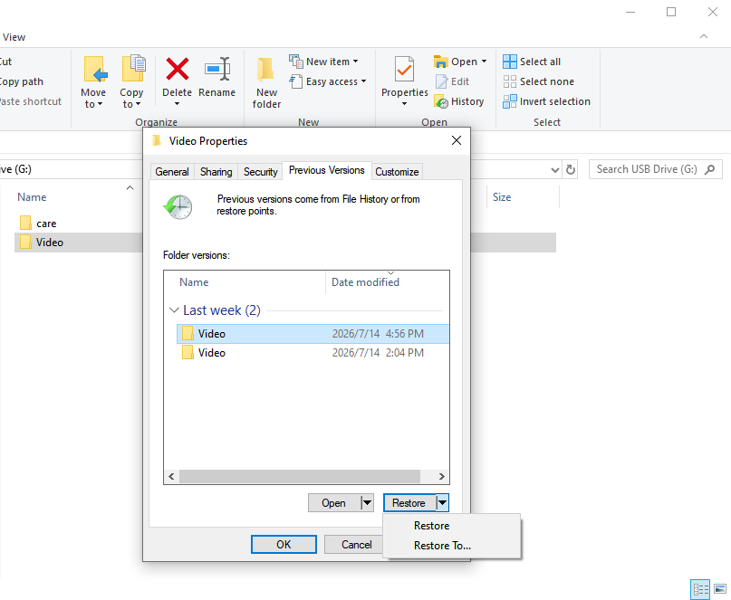 Windows Previous Versions restore steps