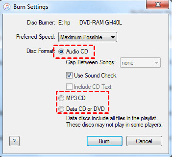 Burn Settings