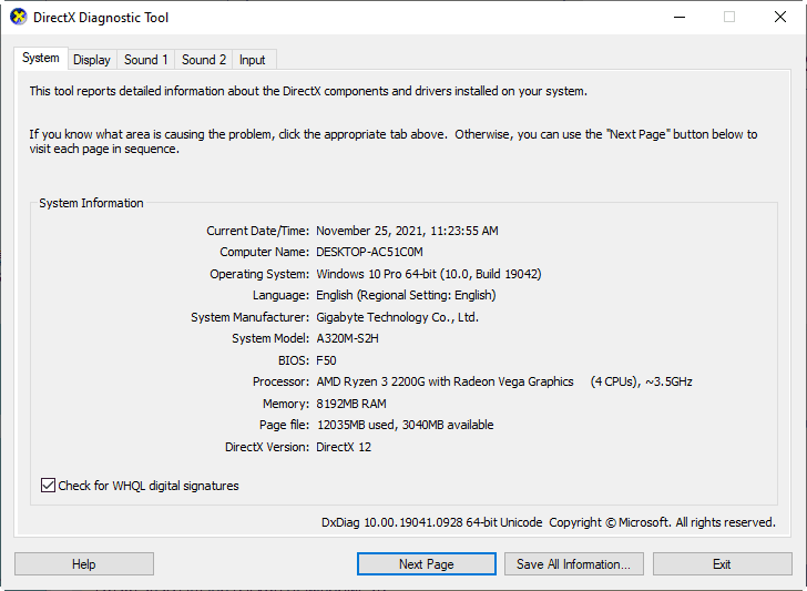 DirectX Diagnostic Tool