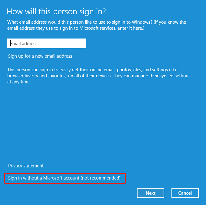 sign in without microsoft account