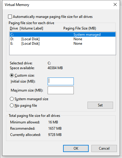customize paging file size