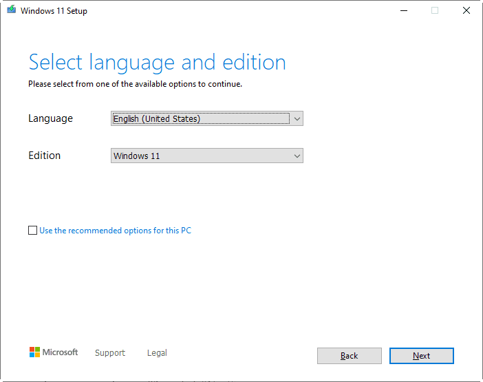 installation media choose language and edition