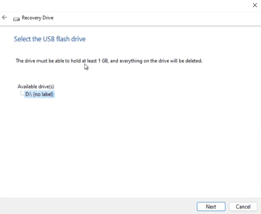 select USB to create recovery drive