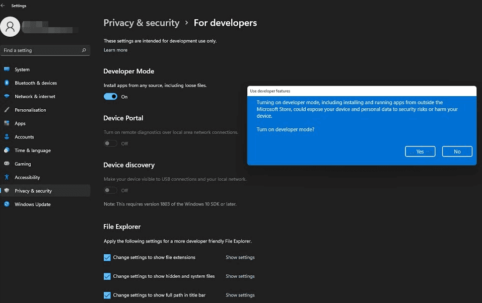 please enable developer mode in your system settings windows 11